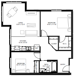 Floor plan for 2 beds, 1 bath, 1010 sqft